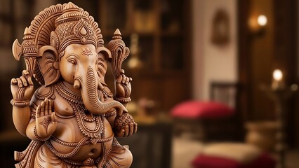 Fototapeta premium Intricately Carved Wooden Statue of Lord Ganesha in a Softly Lit Room sculpture wood carving