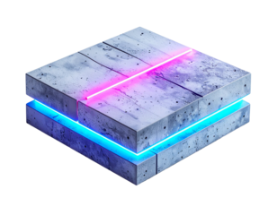 Isometric concrete block with neon lights on black