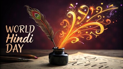 Artistic World Hindi Day poster celebrating language and literature.