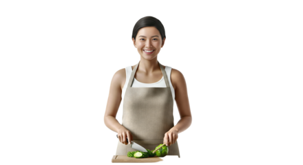 A smiling person in a moment of healthy meal preparation with an expression of well-being and culinary creativity