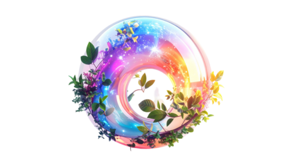 A vibrant, translucent torus with foliage, light, and a colorful gradient