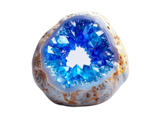 Open geode reveals striking blue crystals inside a weathered rock