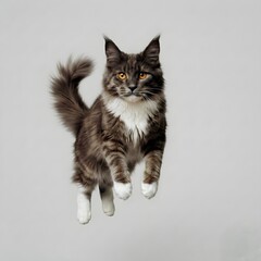 Obraz premium ​Full body portrait of a grey cat floating in mid-air isolated on a blank background