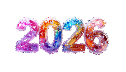 Colorful, crystal-like digits spelling "2026" float on a dark background