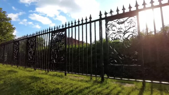 Ornate fence guards sundappled lawn