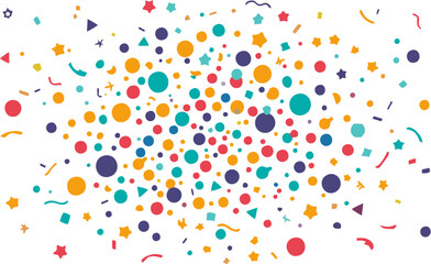 Vibrant confetti explosion with stars, circles, triangles, and streamers in rainbow colors. Festive vector for celebration, party, joy, and event-themed design.