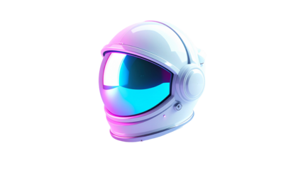A glossy, futuristic astronaut helmet glows with pink and blue light