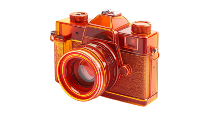 Shiny, orange digital camera illustration with lens detail, isolated on black