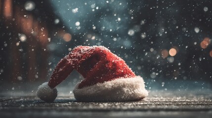 Red holiday hat rests on snowy ground while snowflakes fall in the evening light, creating a festive scene during winter