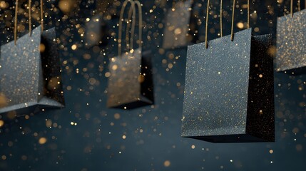 Hanging gift bags with golden sparkles in a dark setting during a celebration or event