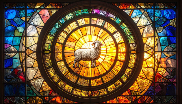 黄金の光が放射する羊のステンドグラス円形窓と幾何学模様