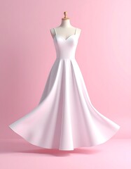 Elegant White Dress on Mannequin Against Pink Backdrop.