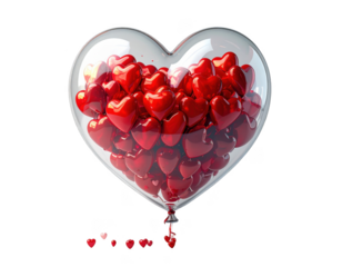 3D render of a transparent heart-shaped balloon filled with mini hearts,white background.