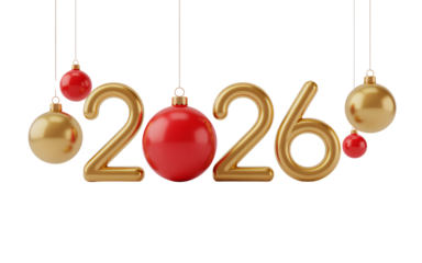 Gold and red 3d realistic hanging christmas ornaments spelling out year two thousand twenty six celebration