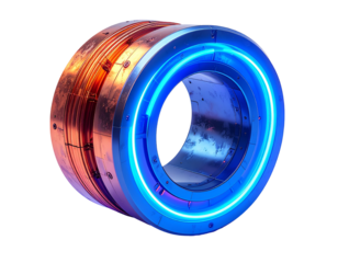 Cylindrical object with neon rings, metallic finishes, and worn surfaces