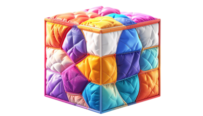 A colorful, quilted cube featuring many vibrant, soft squares