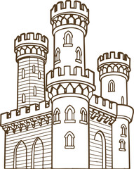 Obraz premium Ancient medieval castle with four fortified towers and arched windows in old architecture design