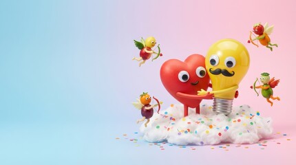 Fototapeta premium Surreal silliness of a heart and light bulb couple amidst colorful fairies dreamlike cloud setting playful emotions whimsical environment