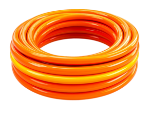 Rolled, orange rubber tube, coiled neatly. Highly reflective with highlights