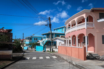 Fototapeta premium Soufriere town streets view with traditional houses, Saint Lucia