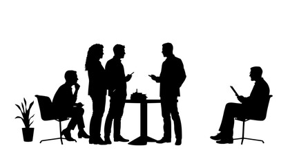 Fototapeta premium Silhouette Discussions in an Office Environment: A silhouetted image captures the essence of a modern office setting where people are engaged in work, teamwork, and conversation.