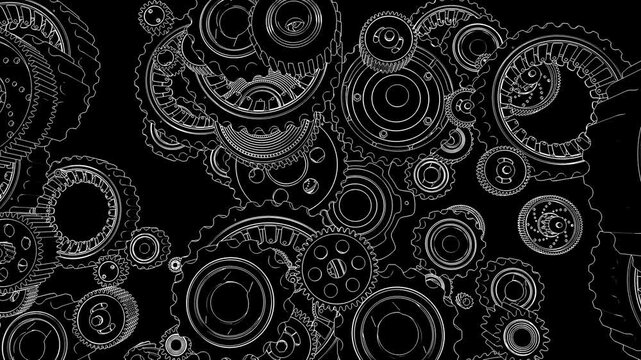 Mechanical gears arranged in the shape of a human brain with camera movement between cogs representing thinking processes and artificial intelligence.