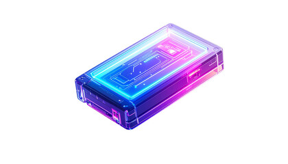 Isometric futuristic data storage device with neon gradient lighting