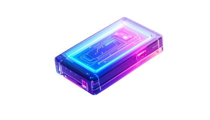 Isometric futuristic data storage device with neon gradient lighting