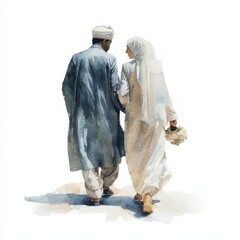 Naklejka premium Watercolor painting of Muslim couple walking together in traditional clothing isolated on Transparent Background