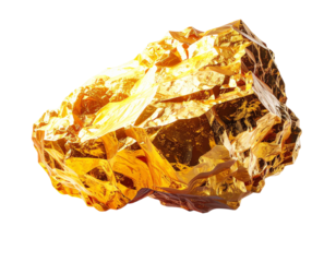 A shining, irregular golden rock with many facets, isolated on black