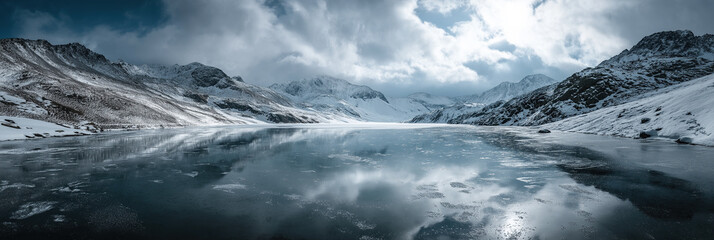 Moody winter mountains frame icy lake with dramatic cloud cover.