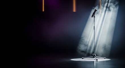 A single microphone stands on stage under a dramatic spotlight for a grand performance concept, reflecting the energy of a Grammys Recap event.