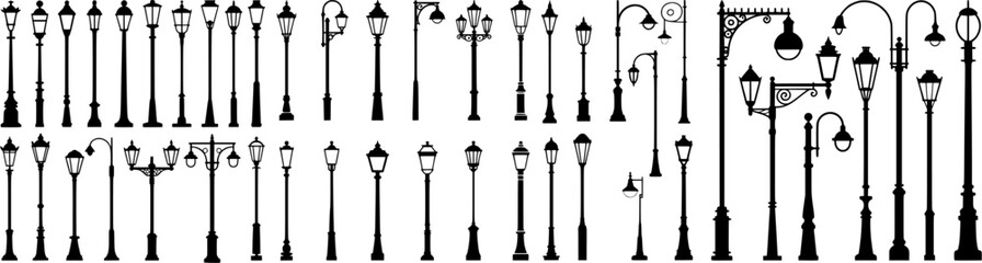 Black and white vector illustration of vintage street lamps and lamppost silhouettes. Perfect for urban branding, city posters, maps, infographics and decorative design.