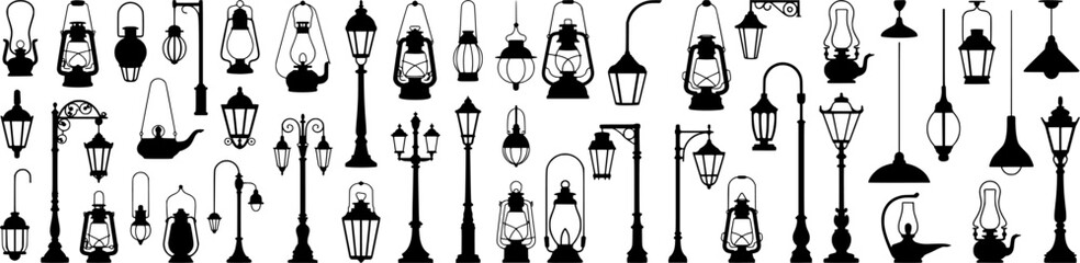 Black and white vector illustration of vintage lamps, lanterns and street lights in various styles. Perfect for classic decor, city graphics, maps and design projects.