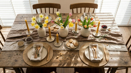 Sustainable: Sustainable Zero Waste Easter Table Setting with Edible Decor and Linen Tablecloth