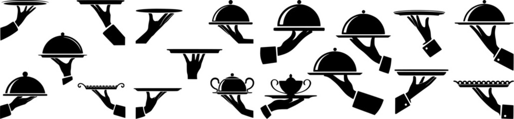 Black and white vector illustration of waiter hands holding serving trays and dishes.