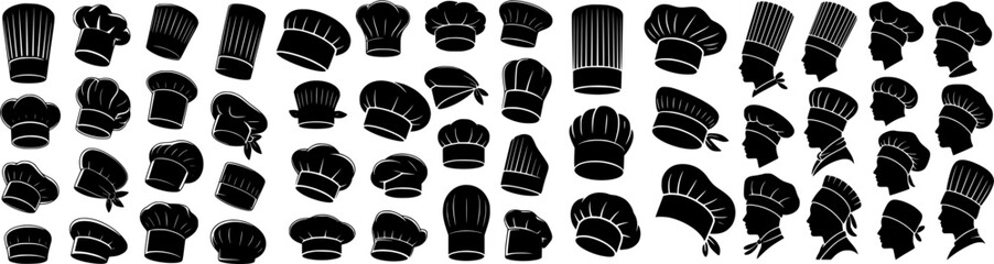 Large vector set of chef hat silhouettes in different styles and angles. Black cooking and bakery headwear icons perfect for restaurant logos, menus and culinary design.