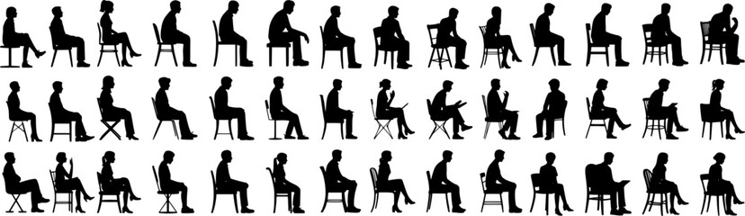 Large vector set of seated people silhouettes. Men and women sitting on different chairs in various poses.