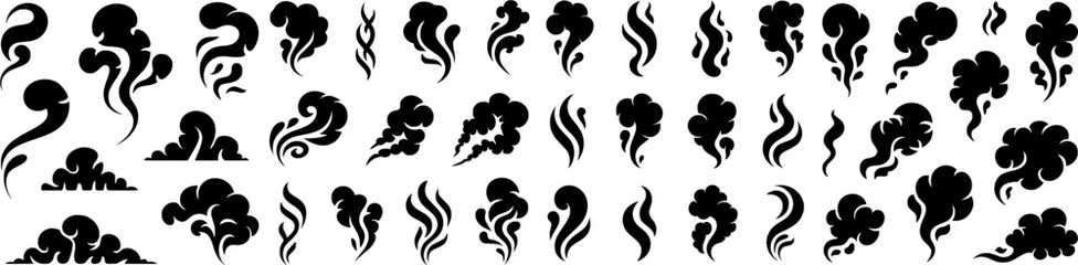 Vector collection of smoke silhouettes with abstract steam, vapor and swirl shapes. Black flowing smoke elements ideal for effects, overlays, logos and graphic design.