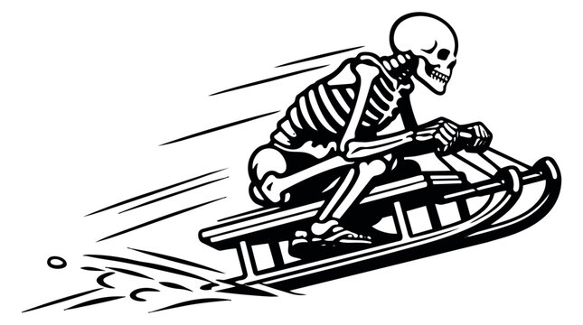 Line art illustration of a skeleton depicting speed sledding downhill for winter fun and activities