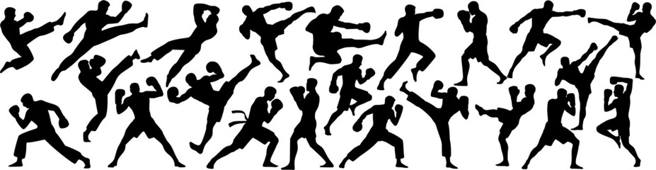 Vector set of martial arts fighter silhouettes performing punches and kicks. Dynamic combat poses ideal for sport design, posters, fitness branding and training graphics.
