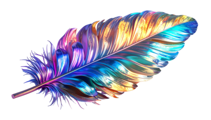 Vivid, iridescent feather isolated against a black background, vibrant colors