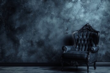 Dark living room interior with an armchair and empty grey wall, perfect for personalized design or creative concepts, Generative AI