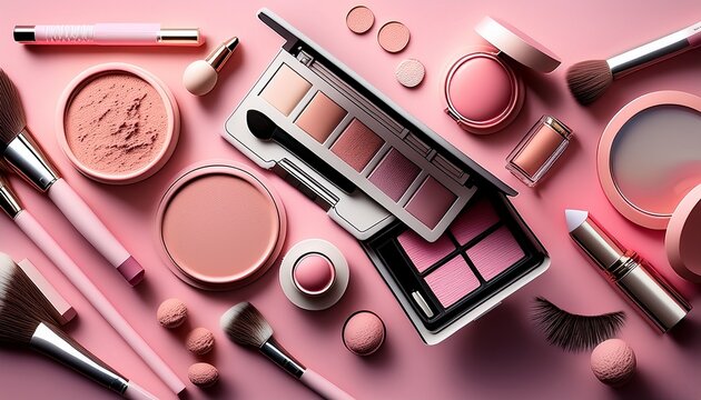 Palettes, brushes, and accessories are all laid out flat on a stylized pink surface.