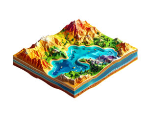 Isometric view of a stylized, cross-sectional landscape with mountain and water