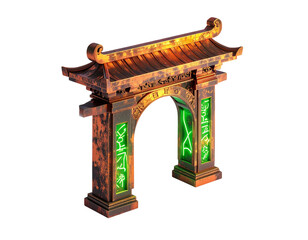 Ornate portal with glowing symbols and roof, set against black