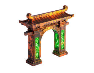 Ornate portal with glowing symbols and roof, set against black