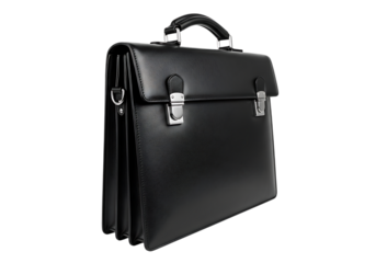 Elegant black leather briefcase isolated on transparent background