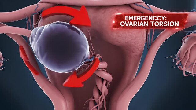Medical Animation of Ovarian Torsion with Red Arrows on Dark Gradient Background, Illustrating Gynecological Health and