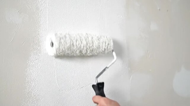 Paint roller paints a white wall using a handheld roller frame.